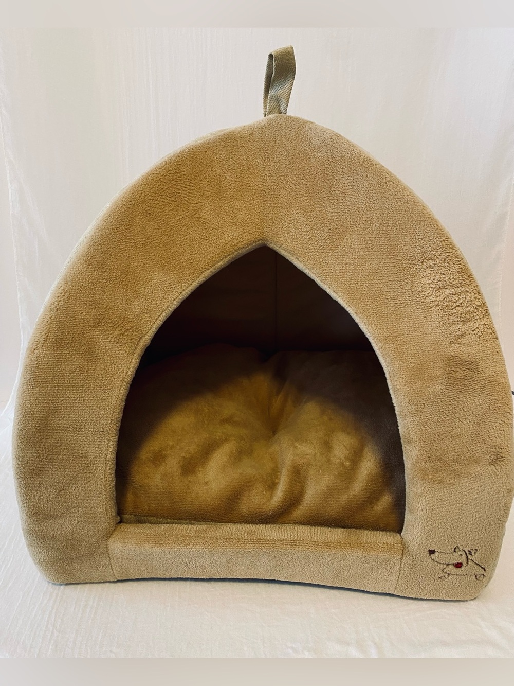 Plush Tan Cat or Dog Tent Bed with Soft Removable Interior Pillow